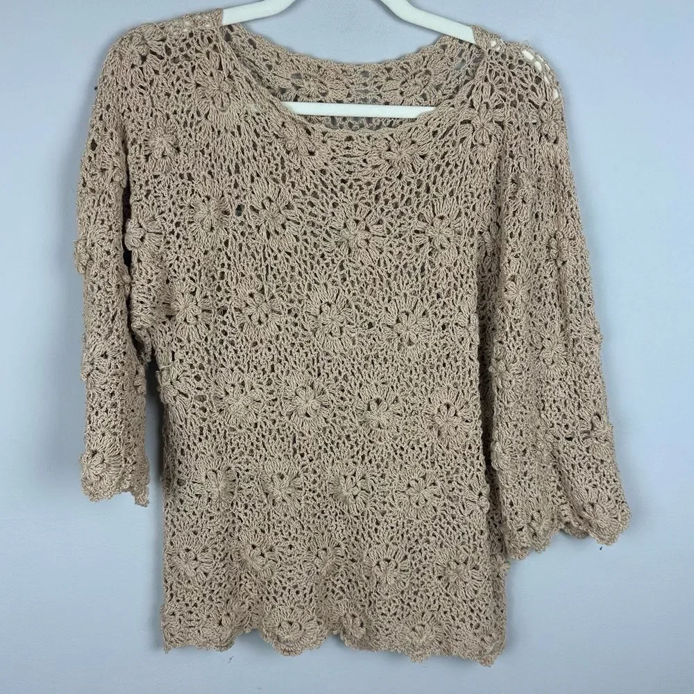 Handmade Crochet Knit Floral Sweater Top – Beige Boho Open Knit – Fits Like M